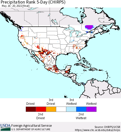 North America Precipitation Rank since 1981, 5-Day (CHIRPS) Thematic Map For 5/16/2022 - 5/20/2022