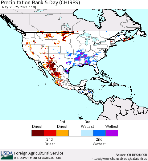 North America Precipitation Rank since 1981, 5-Day (CHIRPS) Thematic Map For 5/21/2022 - 5/25/2022