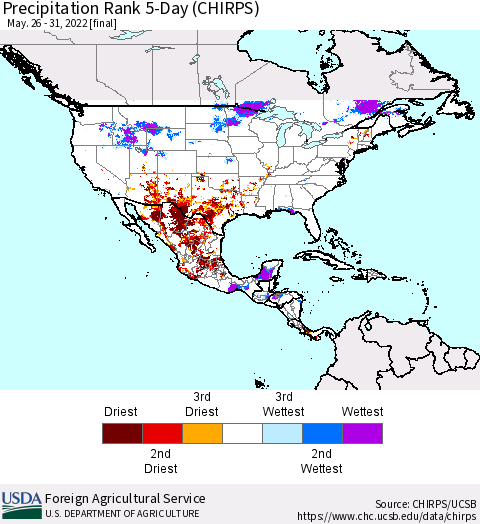 North America Precipitation Rank since 1981, 5-Day (CHIRPS) Thematic Map For 5/26/2022 - 5/31/2022