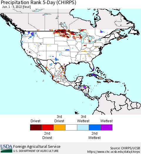 North America Precipitation Rank since 1981, 5-Day (CHIRPS) Thematic Map For 6/1/2022 - 6/5/2022
