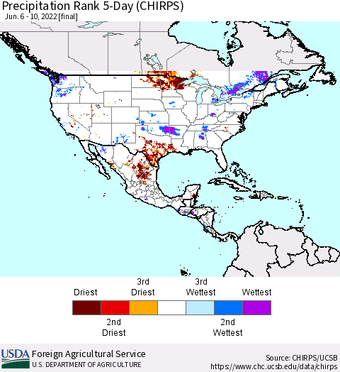 North America Precipitation Rank since 1981, 5-Day (CHIRPS) Thematic Map For 6/6/2022 - 6/10/2022