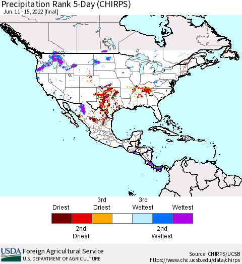North America Precipitation Rank since 1981, 5-Day (CHIRPS) Thematic Map For 6/11/2022 - 6/15/2022