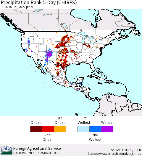 North America Precipitation Rank since 1981, 5-Day (CHIRPS) Thematic Map For 6/16/2022 - 6/20/2022