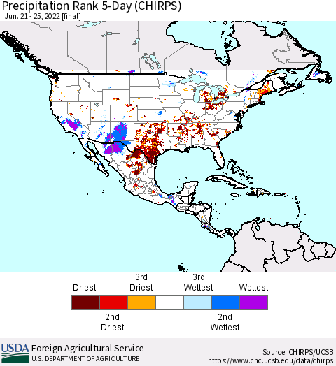 North America Precipitation Rank since 1981, 5-Day (CHIRPS) Thematic Map For 6/21/2022 - 6/25/2022