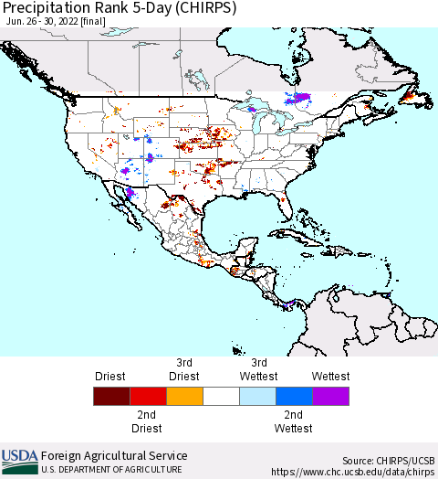 North America Precipitation Rank since 1981, 5-Day (CHIRPS) Thematic Map For 6/26/2022 - 6/30/2022