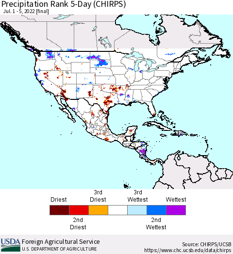 North America Precipitation Rank since 1981, 5-Day (CHIRPS) Thematic Map For 7/1/2022 - 7/5/2022