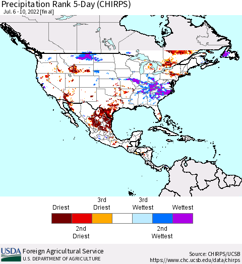 North America Precipitation Rank since 1981, 5-Day (CHIRPS) Thematic Map For 7/6/2022 - 7/10/2022