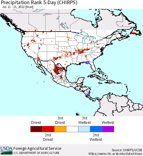 North America Precipitation Rank since 1981, 5-Day (CHIRPS) Thematic Map For 7/11/2022 - 7/15/2022