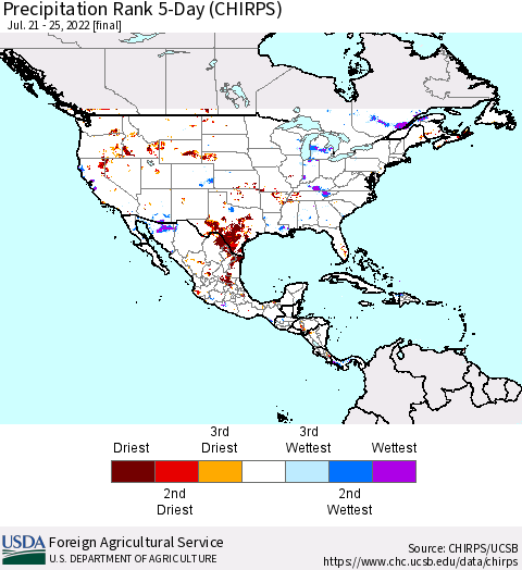 North America Precipitation Rank since 1981, 5-Day (CHIRPS) Thematic Map For 7/21/2022 - 7/25/2022