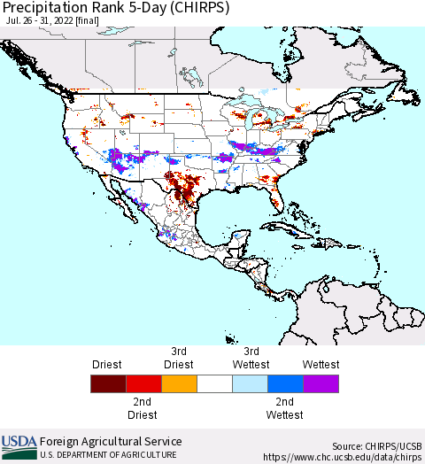 North America Precipitation Rank since 1981, 5-Day (CHIRPS) Thematic Map For 7/26/2022 - 7/31/2022