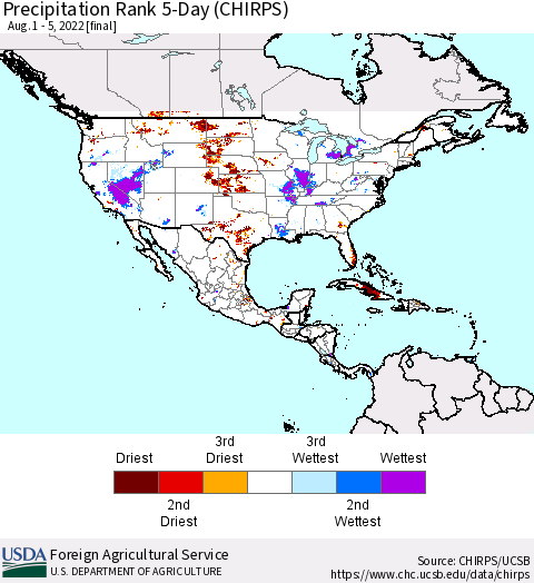 North America Precipitation Rank since 1981, 5-Day (CHIRPS) Thematic Map For 8/1/2022 - 8/5/2022