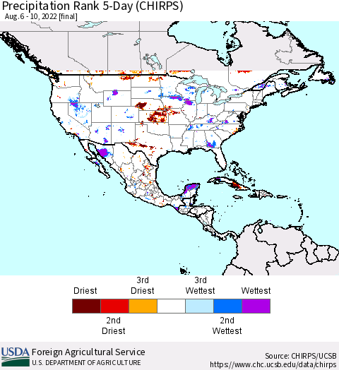 North America Precipitation Rank since 1981, 5-Day (CHIRPS) Thematic Map For 8/6/2022 - 8/10/2022