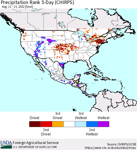 North America Precipitation Rank since 1981, 5-Day (CHIRPS) Thematic Map For 8/11/2022 - 8/15/2022