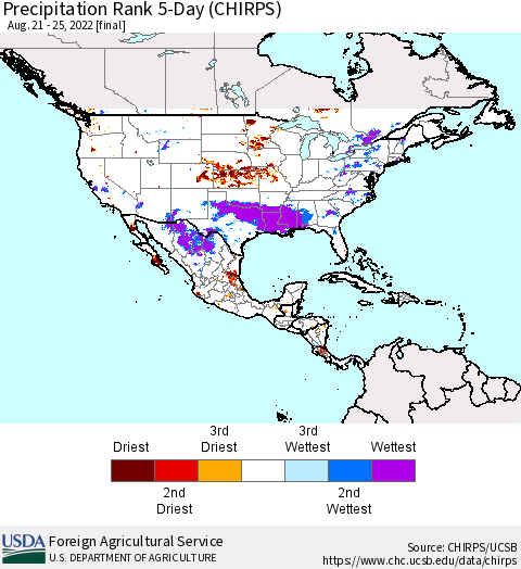 North America Precipitation Rank since 1981, 5-Day (CHIRPS) Thematic Map For 8/21/2022 - 8/25/2022