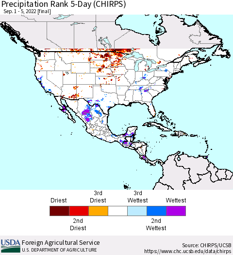 North America Precipitation Rank since 1981, 5-Day (CHIRPS) Thematic Map For 9/1/2022 - 9/5/2022