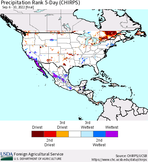 North America Precipitation Rank since 1981, 5-Day (CHIRPS) Thematic Map For 9/6/2022 - 9/10/2022