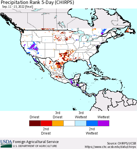 North America Precipitation Rank since 1981, 5-Day (CHIRPS) Thematic Map For 9/11/2022 - 9/15/2022
