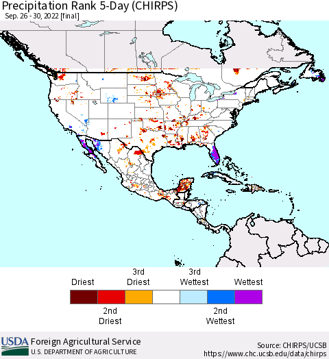North America Precipitation Rank since 1981, 5-Day (CHIRPS) Thematic Map For 9/26/2022 - 9/30/2022