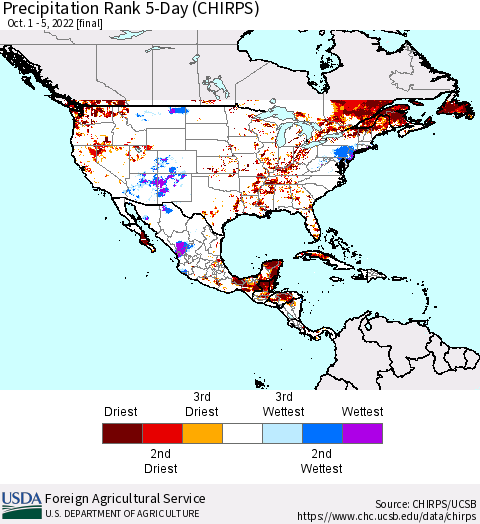 North America Precipitation Rank since 1981, 5-Day (CHIRPS) Thematic Map For 10/1/2022 - 10/5/2022