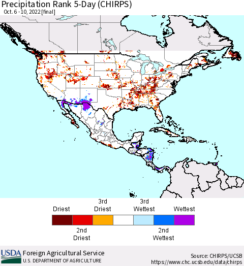 North America Precipitation Rank since 1981, 5-Day (CHIRPS) Thematic Map For 10/6/2022 - 10/10/2022