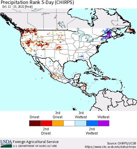 North America Precipitation Rank since 1981, 5-Day (CHIRPS) Thematic Map For 10/11/2022 - 10/15/2022