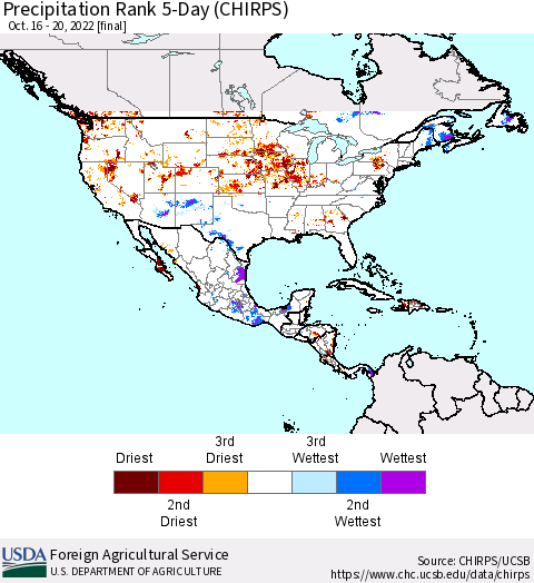 North America Precipitation Rank since 1981, 5-Day (CHIRPS) Thematic Map For 10/16/2022 - 10/20/2022