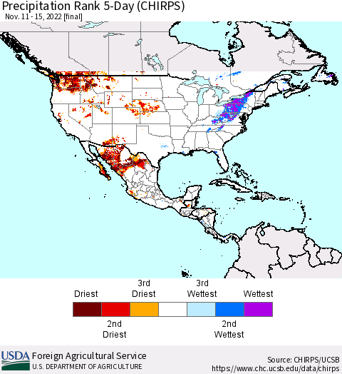 North America Precipitation Rank since 1981, 5-Day (CHIRPS) Thematic Map For 11/11/2022 - 11/15/2022