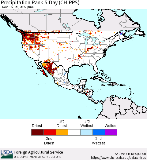 North America Precipitation Rank since 1981, 5-Day (CHIRPS) Thematic Map For 11/16/2022 - 11/20/2022