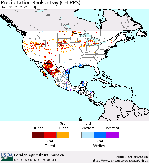North America Precipitation Rank since 1981, 5-Day (CHIRPS) Thematic Map For 11/21/2022 - 11/25/2022