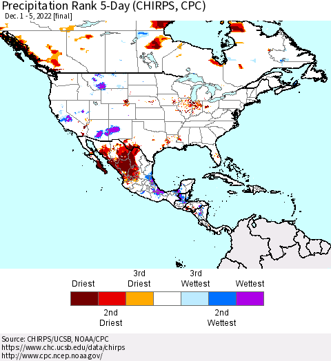 North America Precipitation Rank since 1981, 5-Day (CHIRPS) Thematic Map For 12/1/2022 - 12/5/2022
