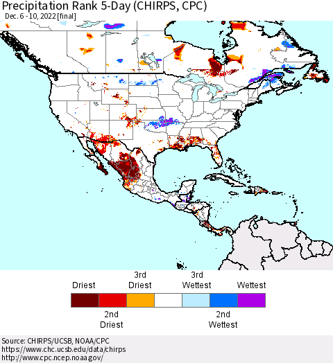 North America Precipitation Rank since 1981, 5-Day (CHIRPS) Thematic Map For 12/6/2022 - 12/10/2022