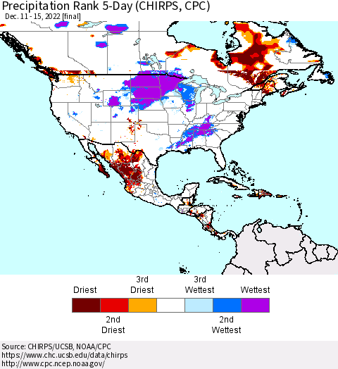 North America Precipitation Rank since 1981, 5-Day (CHIRPS) Thematic Map For 12/11/2022 - 12/15/2022