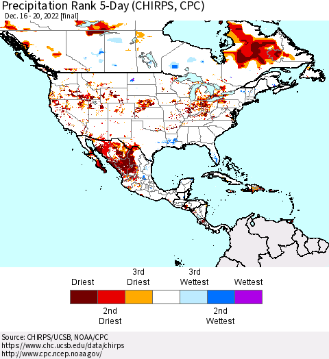 North America Precipitation Rank since 1981, 5-Day (CHIRPS) Thematic Map For 12/16/2022 - 12/20/2022