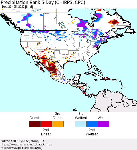 North America Precipitation Rank since 1981, 5-Day (CHIRPS) Thematic Map For 12/21/2022 - 12/25/2022