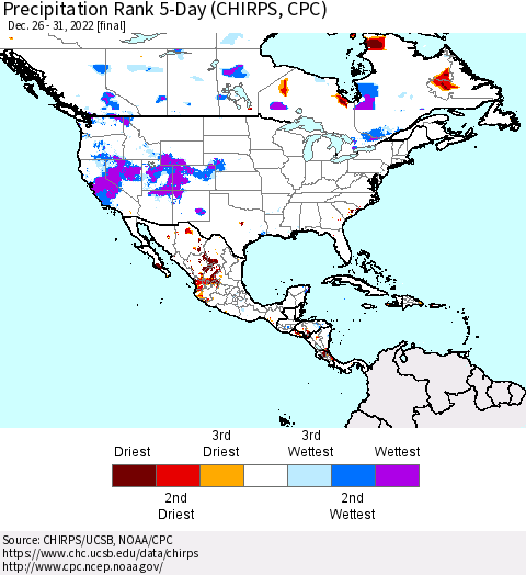 North America Precipitation Rank since 1981, 5-Day (CHIRPS) Thematic Map For 12/26/2022 - 12/31/2022