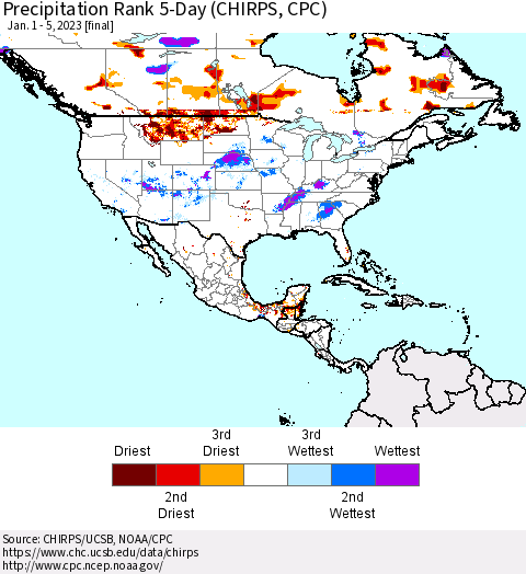 North America Precipitation Rank since 1981, 5-Day (CHIRPS) Thematic Map For 1/1/2023 - 1/5/2023