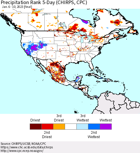 North America Precipitation Rank since 1981, 5-Day (CHIRPS) Thematic Map For 1/6/2023 - 1/10/2023
