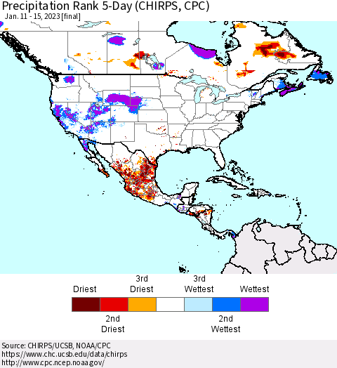 North America Precipitation Rank since 1981, 5-Day (CHIRPS) Thematic Map For 1/11/2023 - 1/15/2023