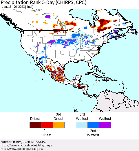 North America Precipitation Rank since 1981, 5-Day (CHIRPS) Thematic Map For 1/16/2023 - 1/20/2023