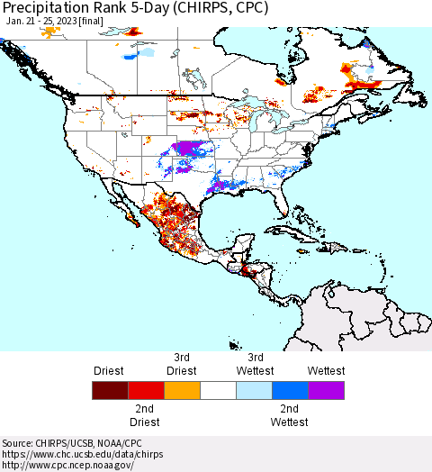 North America Precipitation Rank since 1981, 5-Day (CHIRPS) Thematic Map For 1/21/2023 - 1/25/2023