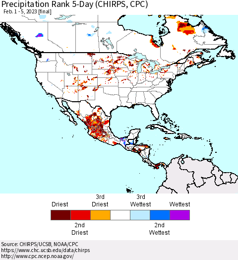 North America Precipitation Rank since 1981, 5-Day (CHIRPS) Thematic Map For 2/1/2023 - 2/5/2023