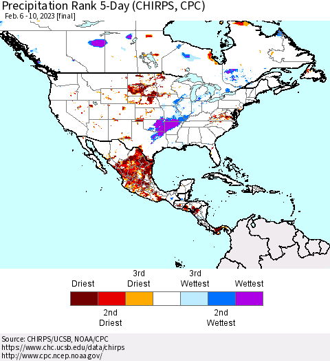 North America Precipitation Rank since 1981, 5-Day (CHIRPS) Thematic Map For 2/6/2023 - 2/10/2023