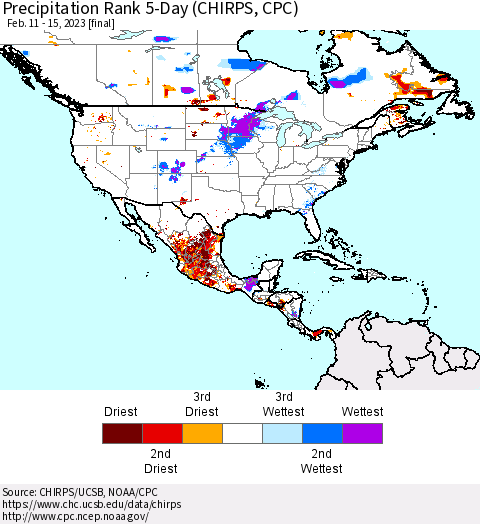 North America Precipitation Rank since 1981, 5-Day (CHIRPS) Thematic Map For 2/11/2023 - 2/15/2023