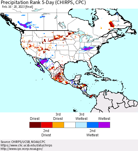 North America Precipitation Rank since 1981, 5-Day (CHIRPS) Thematic Map For 2/16/2023 - 2/20/2023