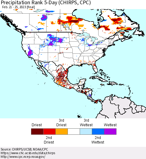 North America Precipitation Rank since 1981, 5-Day (CHIRPS) Thematic Map For 2/21/2023 - 2/25/2023