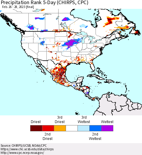 North America Precipitation Rank since 1981, 5-Day (CHIRPS) Thematic Map For 2/26/2023 - 2/28/2023