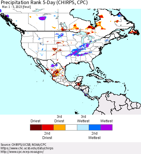 North America Precipitation Rank since 1981, 5-Day (CHIRPS) Thematic Map For 3/1/2023 - 3/5/2023