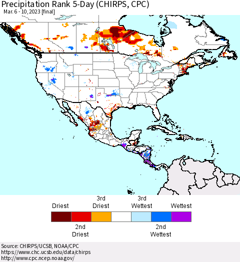 North America Precipitation Rank since 1981, 5-Day (CHIRPS) Thematic Map For 3/6/2023 - 3/10/2023