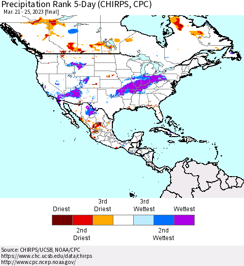 North America Precipitation Rank since 1981, 5-Day (CHIRPS) Thematic Map For 3/21/2023 - 3/25/2023