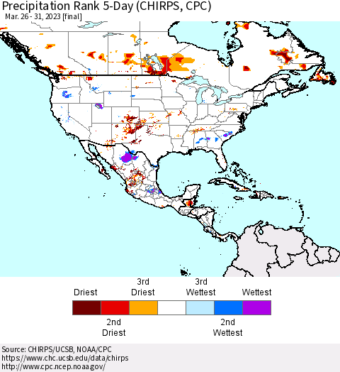 North America Precipitation Rank since 1981, 5-Day (CHIRPS) Thematic Map For 3/26/2023 - 3/31/2023